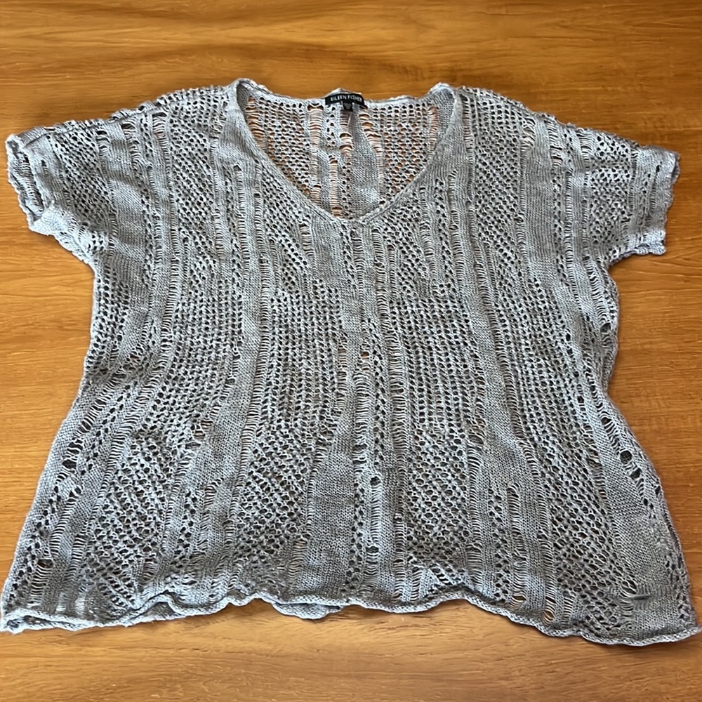 Eileen Fisher Open Knit Linen Top-Gray, Short Sleeve, V-Neck, Size M, GUC. - Picture 6 of 15